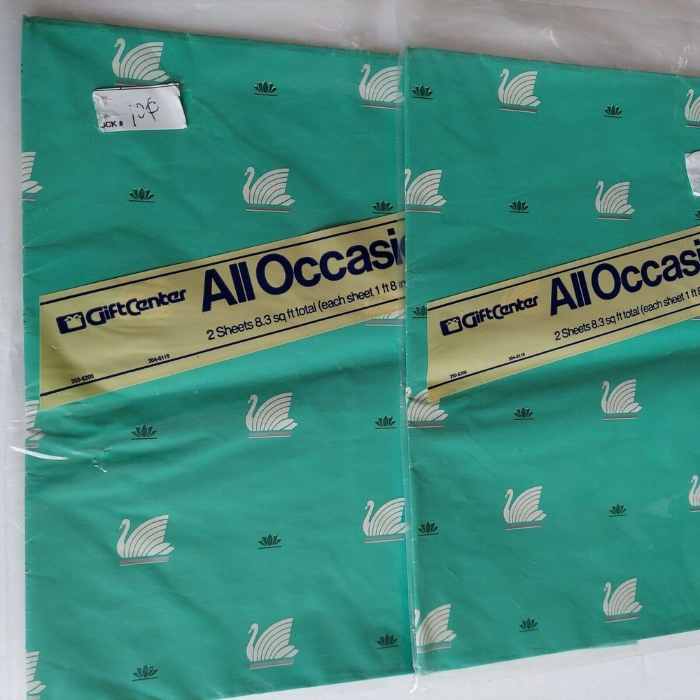 Sealed Vintage White Swan Gift Wrap ~ 4 Sheets Flat Green Paper Lot of 2 NOS - Picture 2 of 4